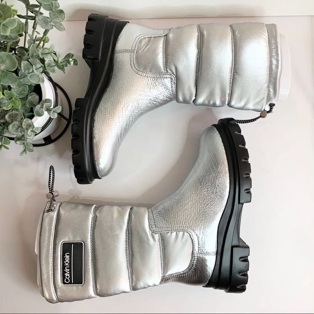 Calvin Klein Leaton Metallic Puffy Bomber Boots Winter Shoes Water Resistant